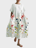 Sommerkleid Damen Aquarell-Blumenmuster Weiter Schnitt Weiss – Prärie