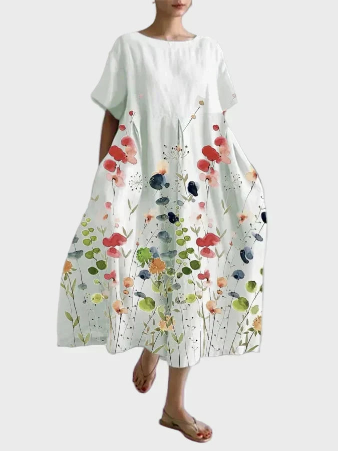 Sommerkleid Damen Aquarell-Blumenmuster Weiter Schnitt Weiss – Prärie