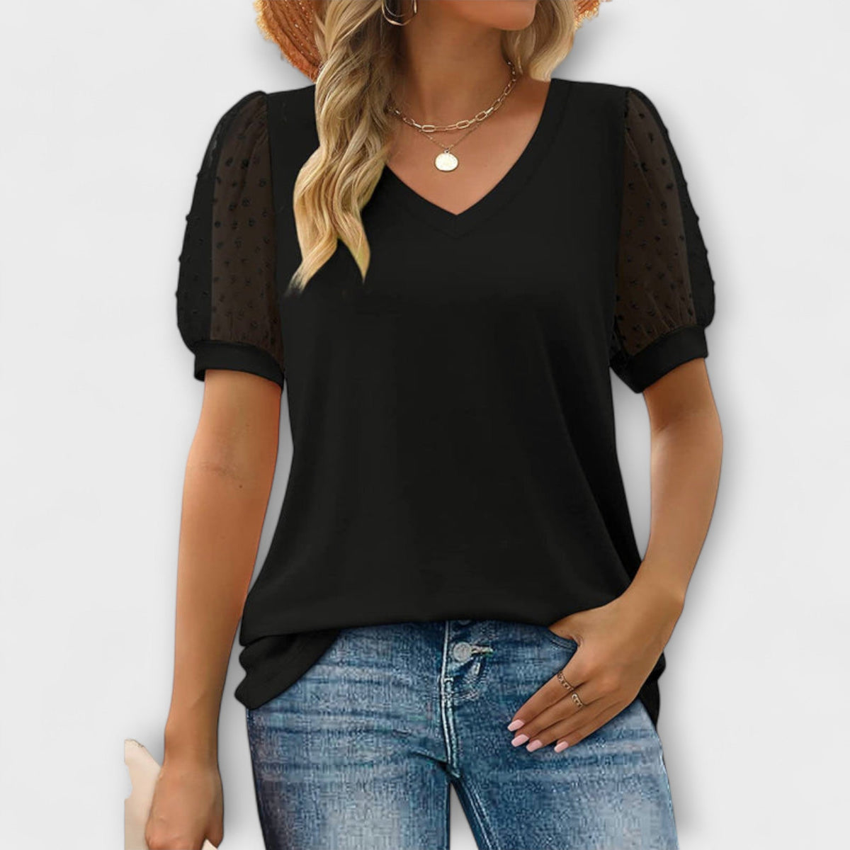 Bluse Damen V-Ausschnitt Transparente Ärmel Schwarz Weiss Grün – Rema