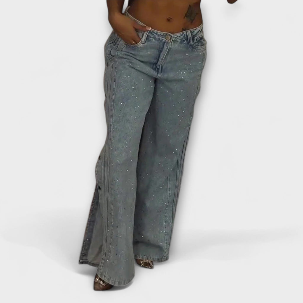 Jeans Damen Hoher Bund Strassverzierung Seitliche Knöpfe Schwarz Hellblau – Nola