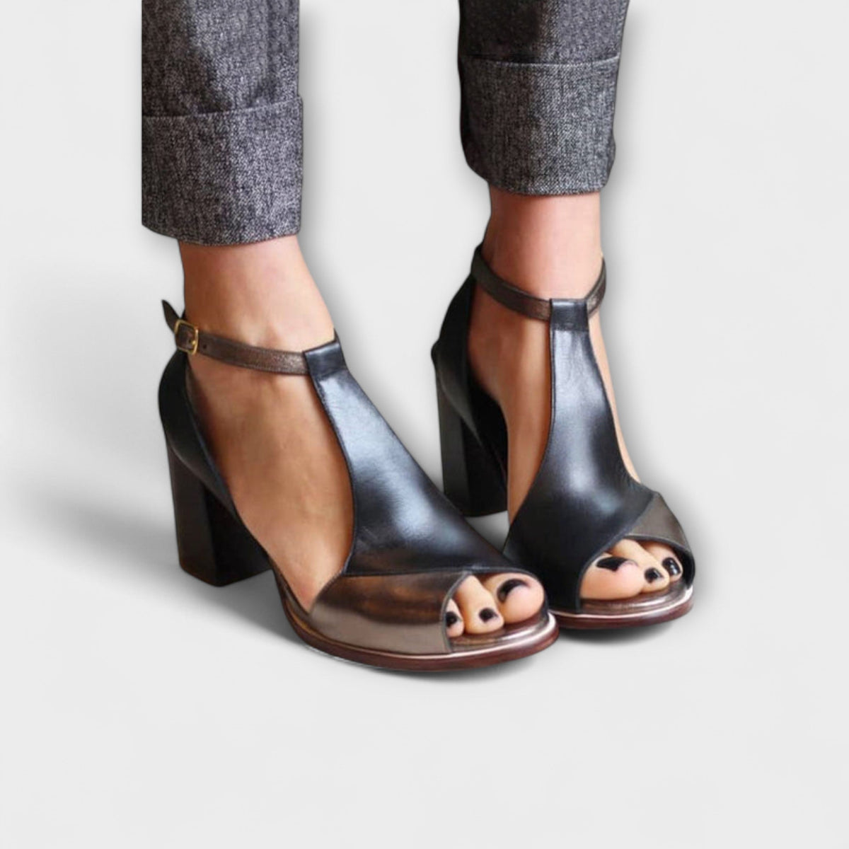 Pumps Damen T-Steg Offene Spitze Bequem Blockabsatz – Nadaria