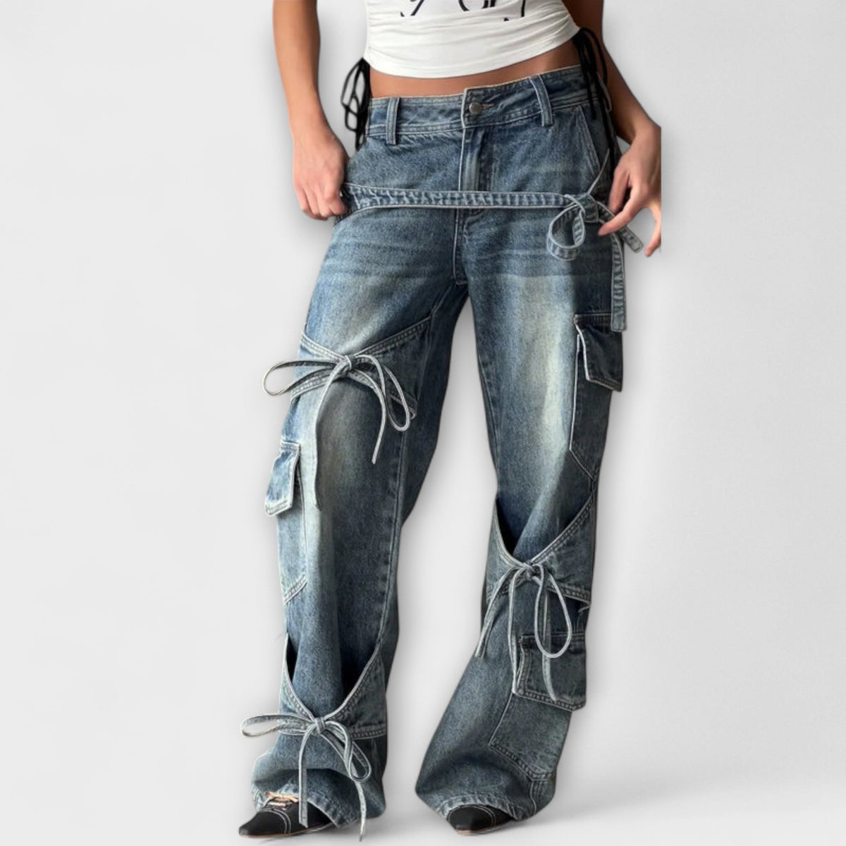 Jeans Damen Cargo Knotendetail Niedriger Bund Denim – Paloma