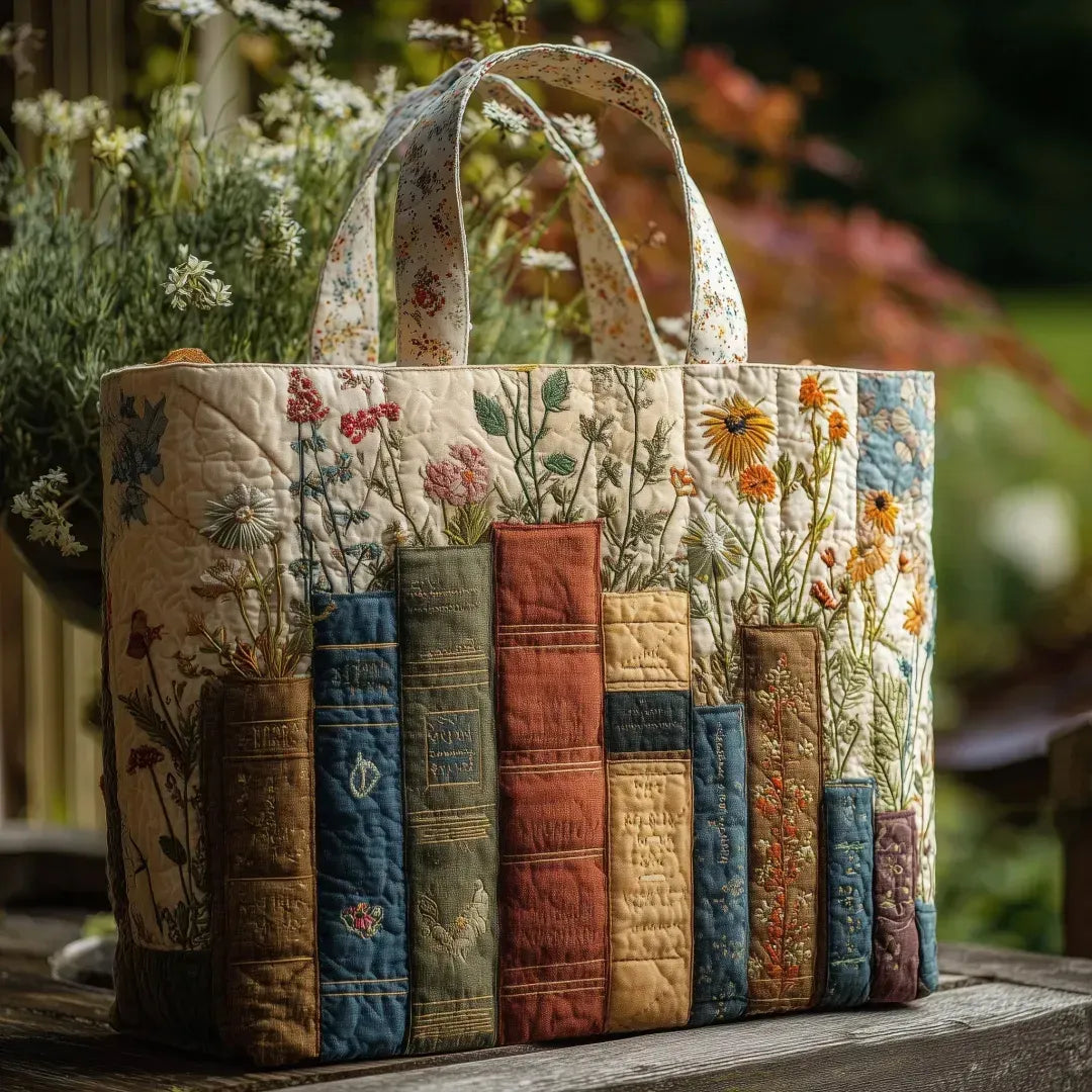 Gesteppte Tasche - Bücher und Blumen