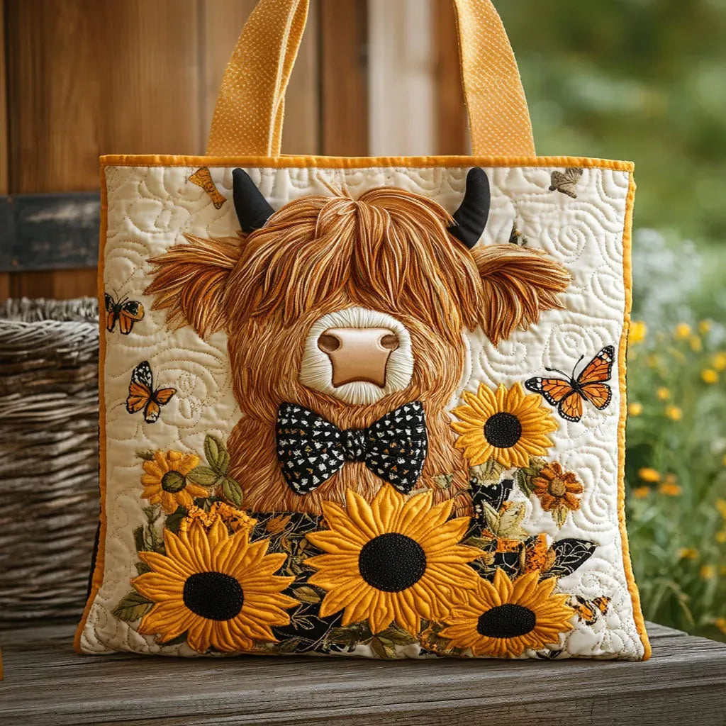 Gesteppte Tasche - Highland Rind und Sonnenblumen