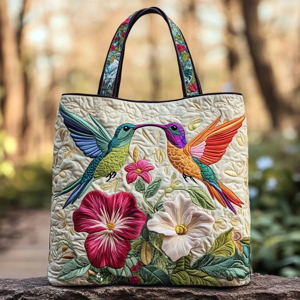 Gesteppte Tasche - Kolibri und weisse Blüten