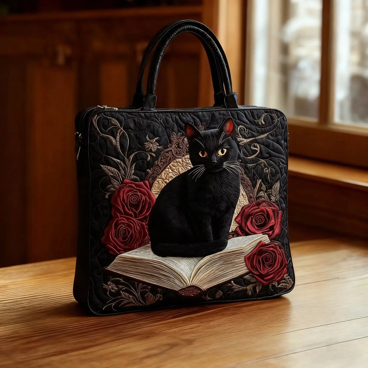 Gesteppte Tasche - Schwarze Katze und Bücher