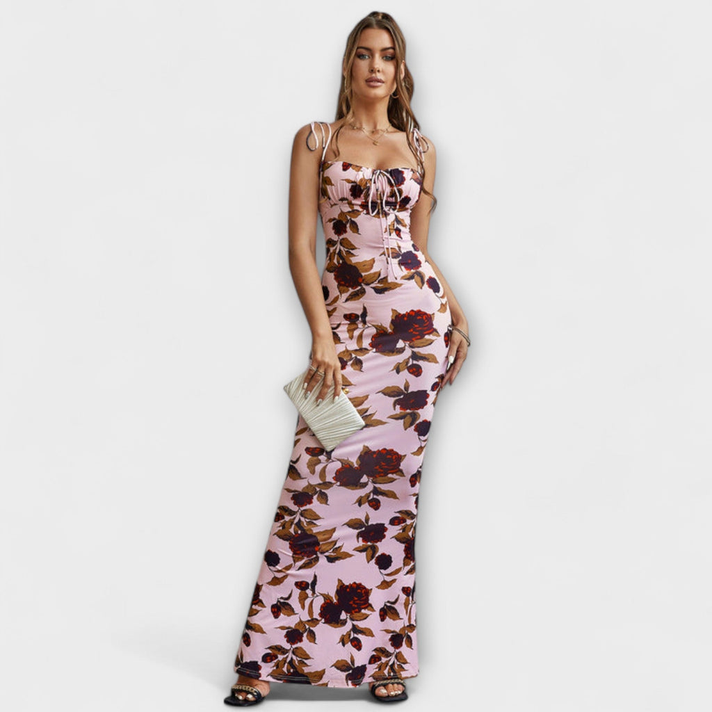 Maxikleid Damen Blumenmuster Bindeträger Fischschwanzsaum Grün Blau Rosa