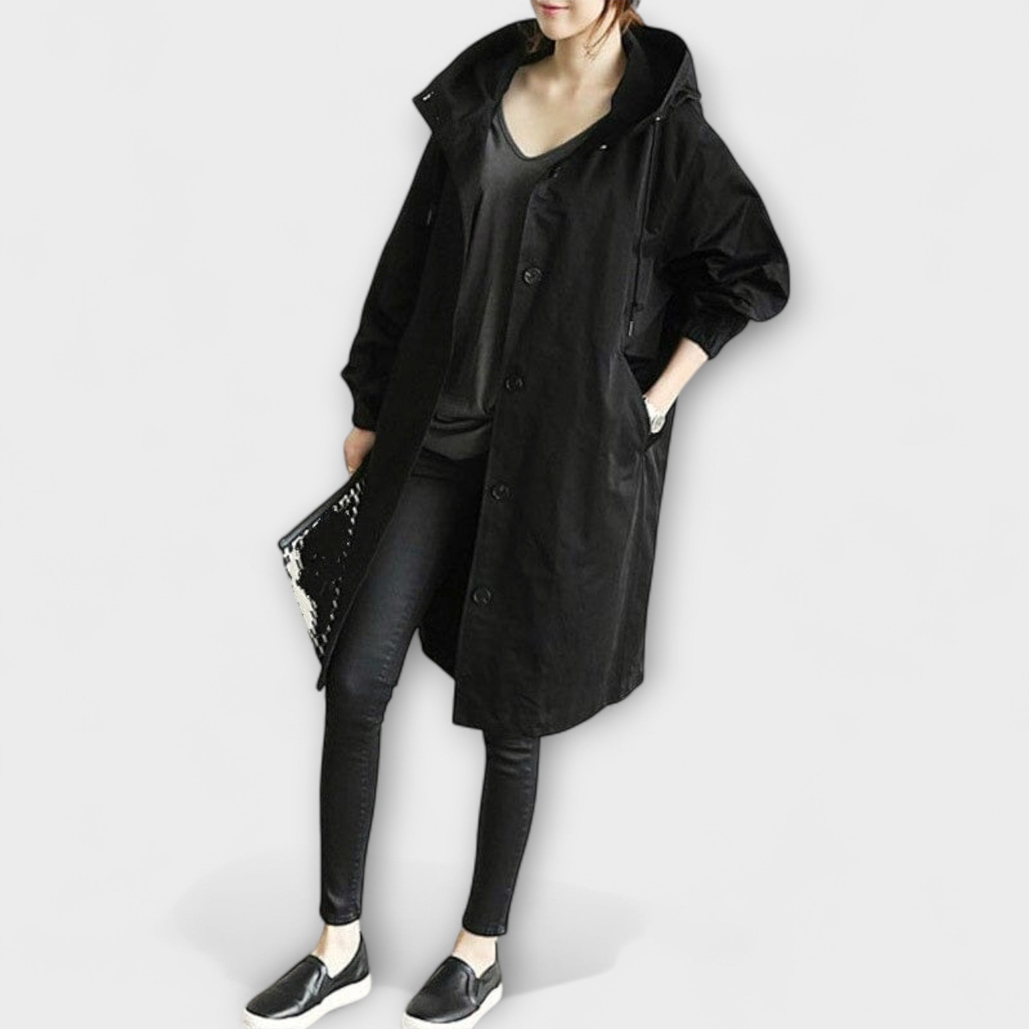 Trenchcoat Damen Wasserdicht Regenmantel Elegant Grau Schwarz – Andréa