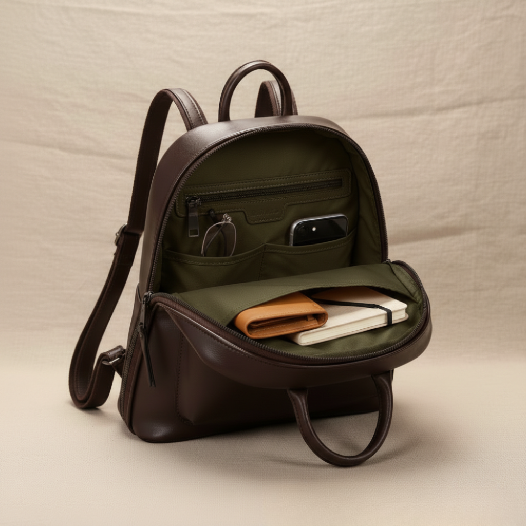 Rucksack Damen Leder Doppelter Reissverschluss mit Schloss Dunkelbraun Schwarz Rot – Alex