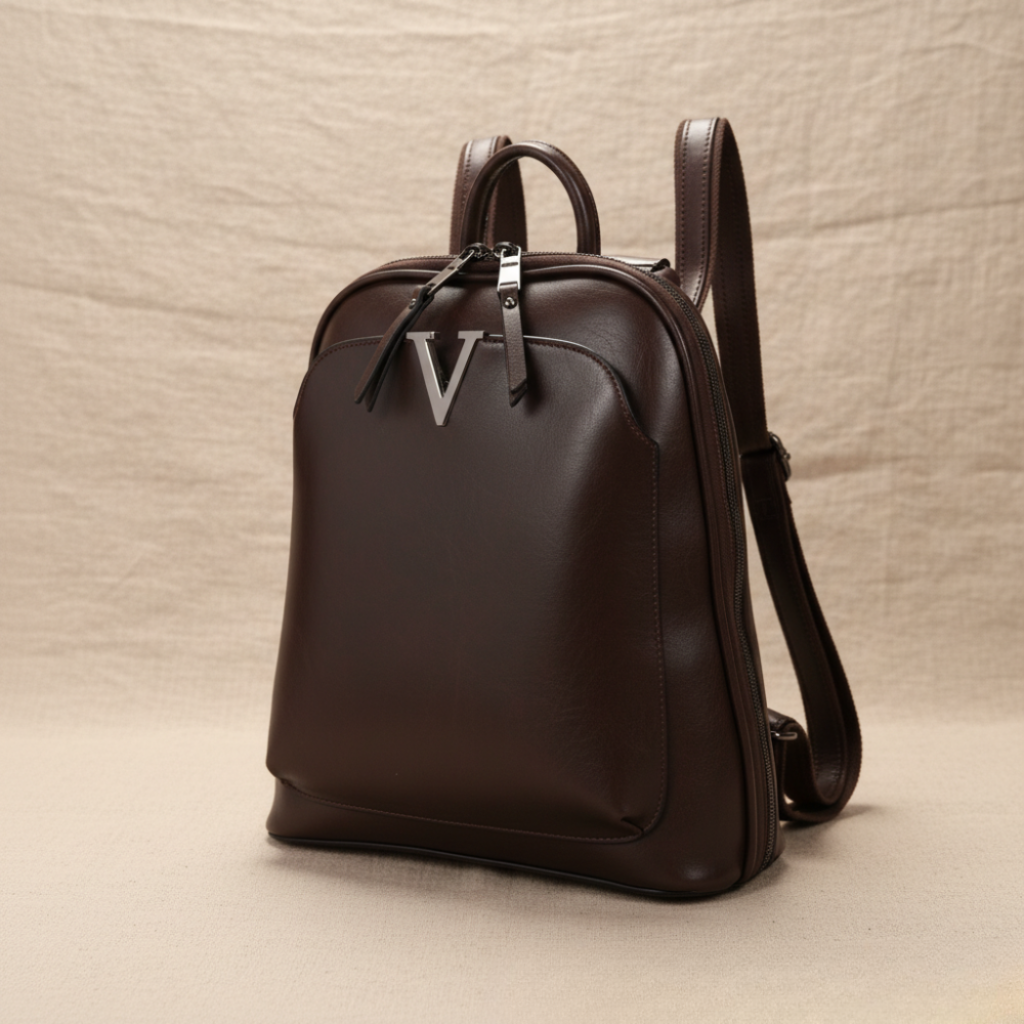 Rucksack Damen Leder Doppelter Reissverschluss mit Schloss Dunkelbraun Schwarz Rot – Alex