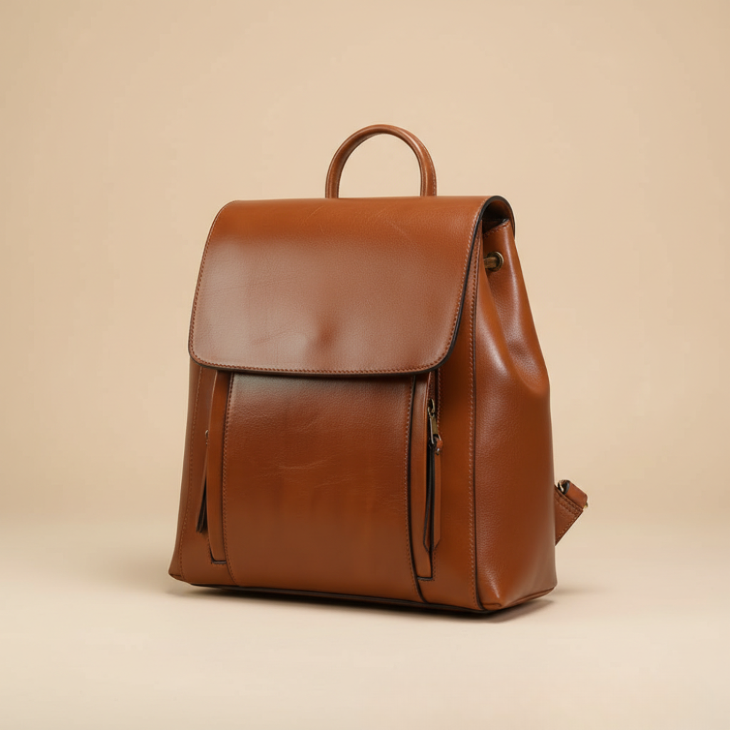 Lederrucksack Damen Echtleder Laptopfach 15,6 Zoll Karamell Dunkelbraun Schwarz – Theo