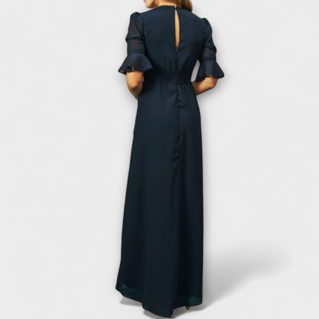 Beatrice - Elegantes Navy Blau Kleid mit Floralstickerei