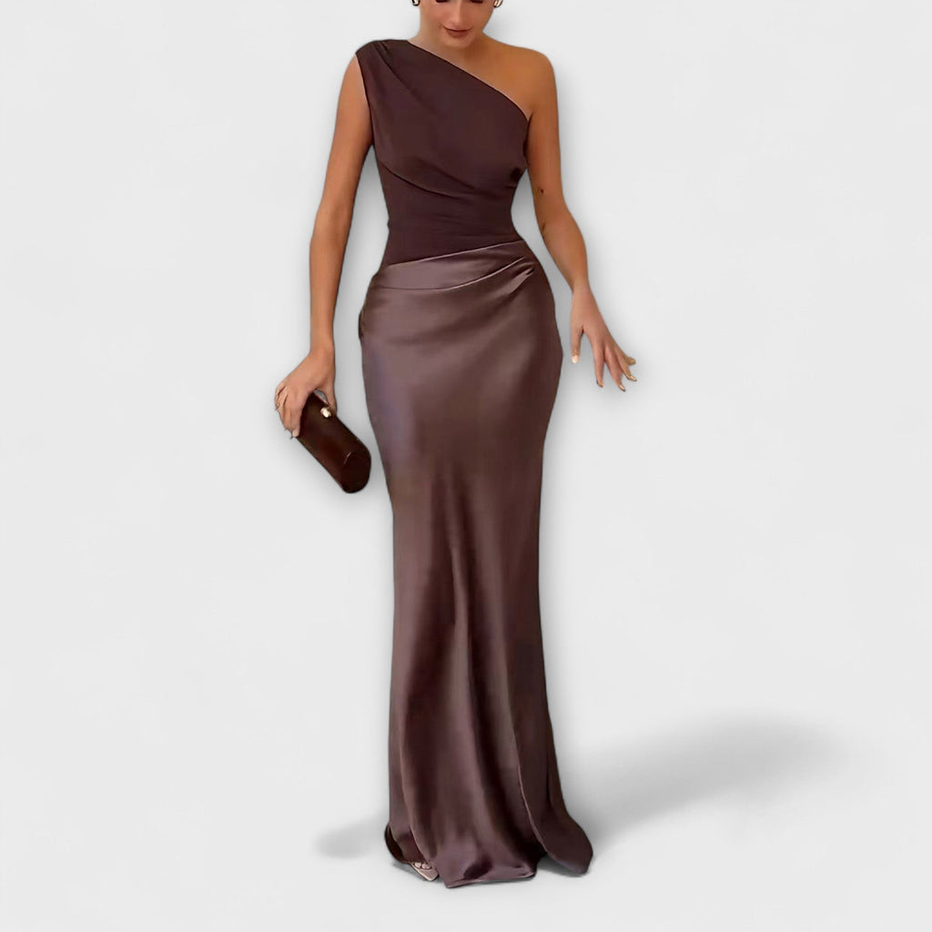 Elegantes Ein-Schulter Falten Maxi Kleid