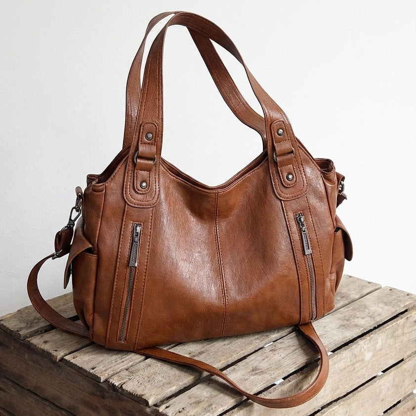 Ledertasche Damen Beuteltasche mit Reissverschluss Geräumig Braun Schwarz – Valentina