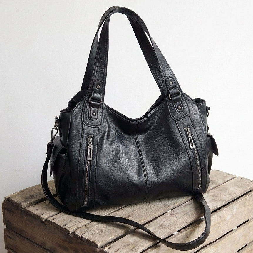 Ledertasche Damen Beuteltasche mit Reissverschluss Geräumig Braun Schwarz – Valentina