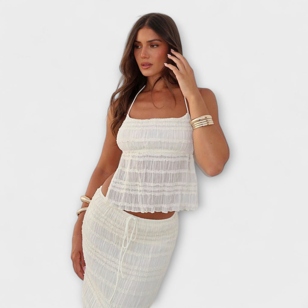 Zweiteiler Damen kurze Bluse und Maxirock Baumwolle in Grün und Rosa – Eulalia