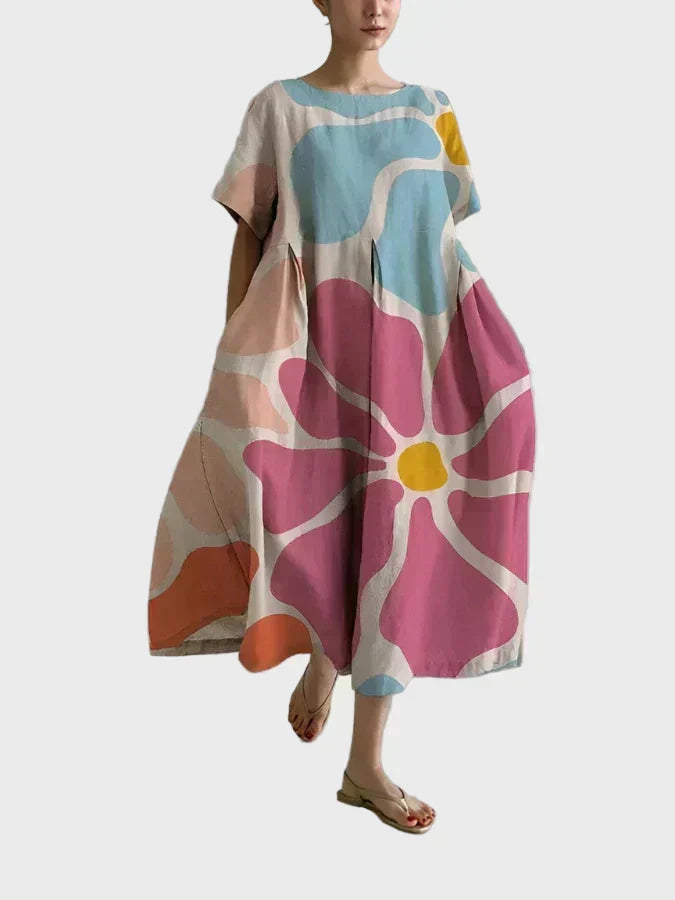 Maxikleid Damen Grosses Blumenmuster Rosa Pastell Weiter Schnitt