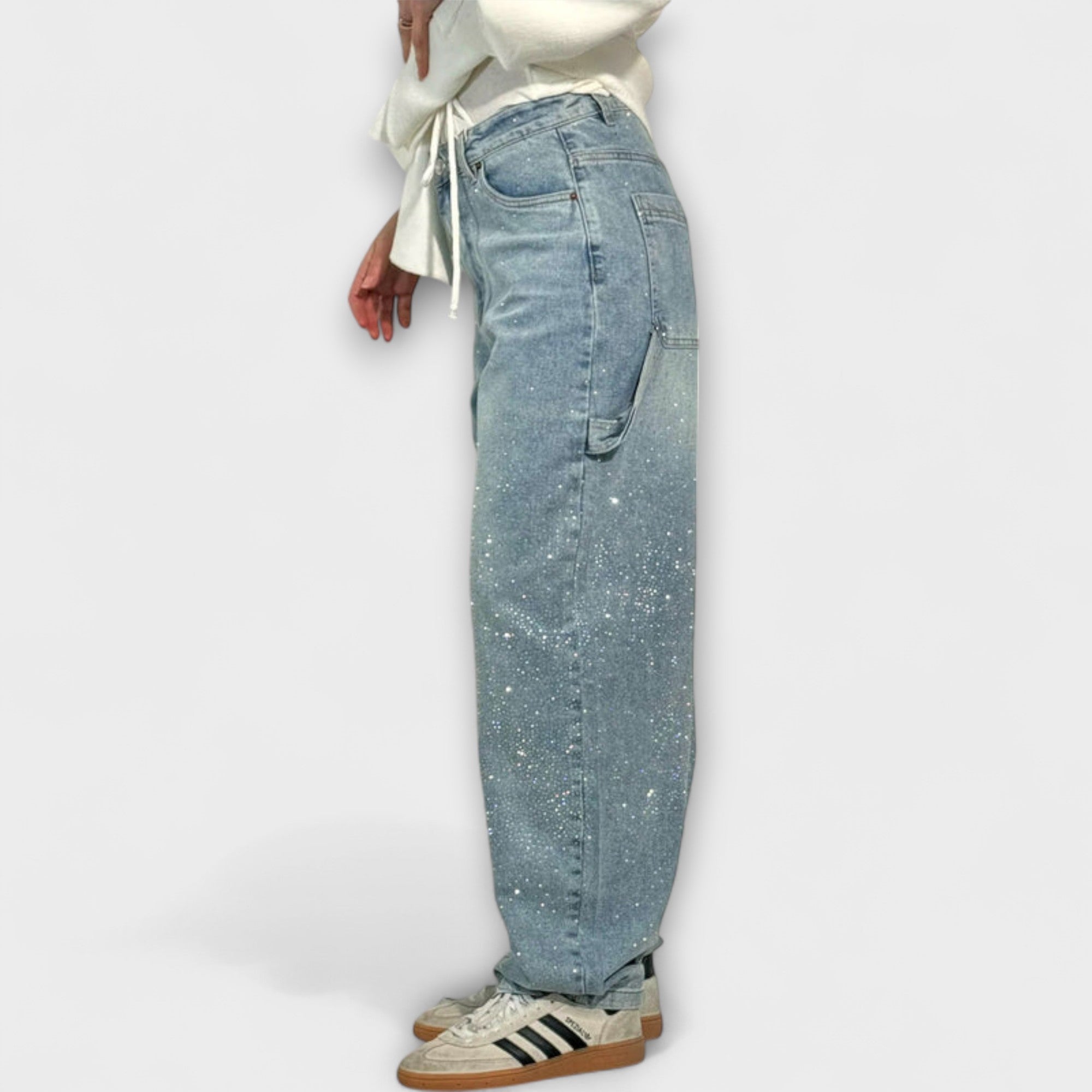 Jeans Damen Ballonschnitt Glanz-Denim Hoher Bund Dunkelblau Hellblau – Fable