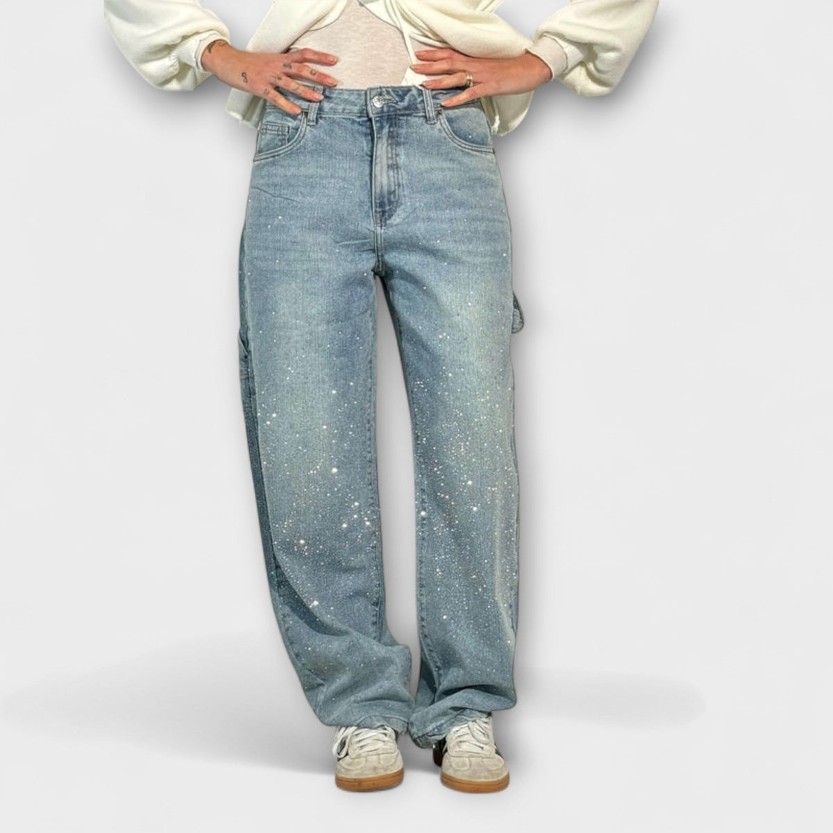 Jeans Damen Ballonschnitt Glanz-Denim Hoher Bund Dunkelblau Hellblau – Fable