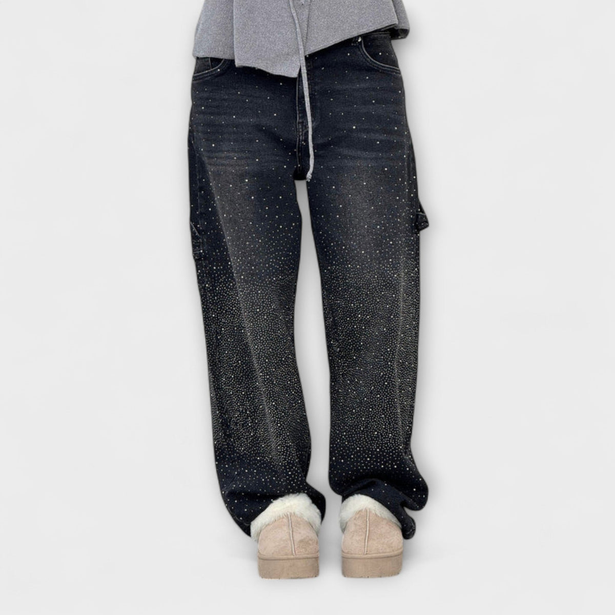 Jeans Damen Ballonschnitt Glanz-Denim Hoher Bund Dunkelblau Hellblau – Fable