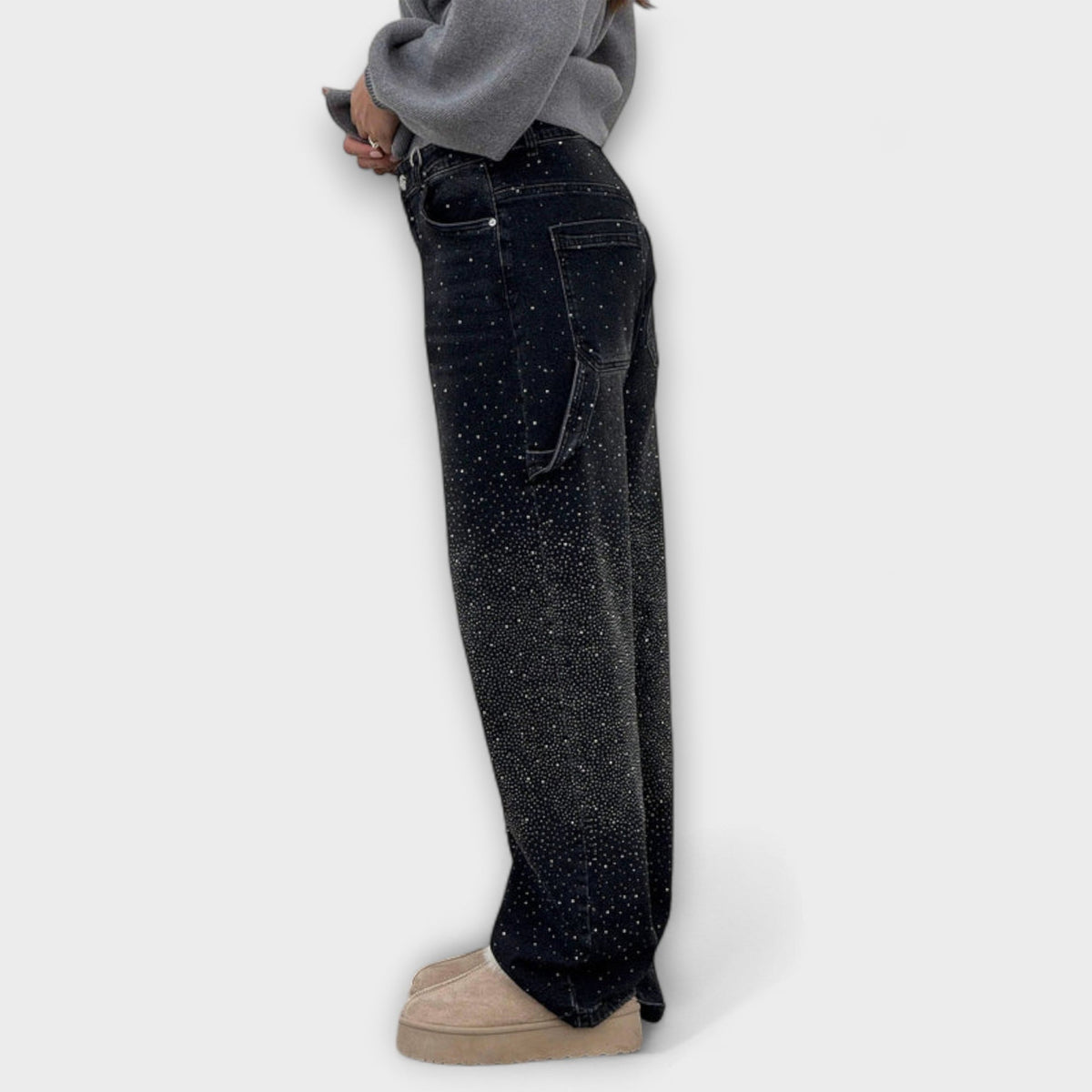 Jeans Damen Ballonschnitt Glanz-Denim Hoher Bund Dunkelblau Hellblau – Fable