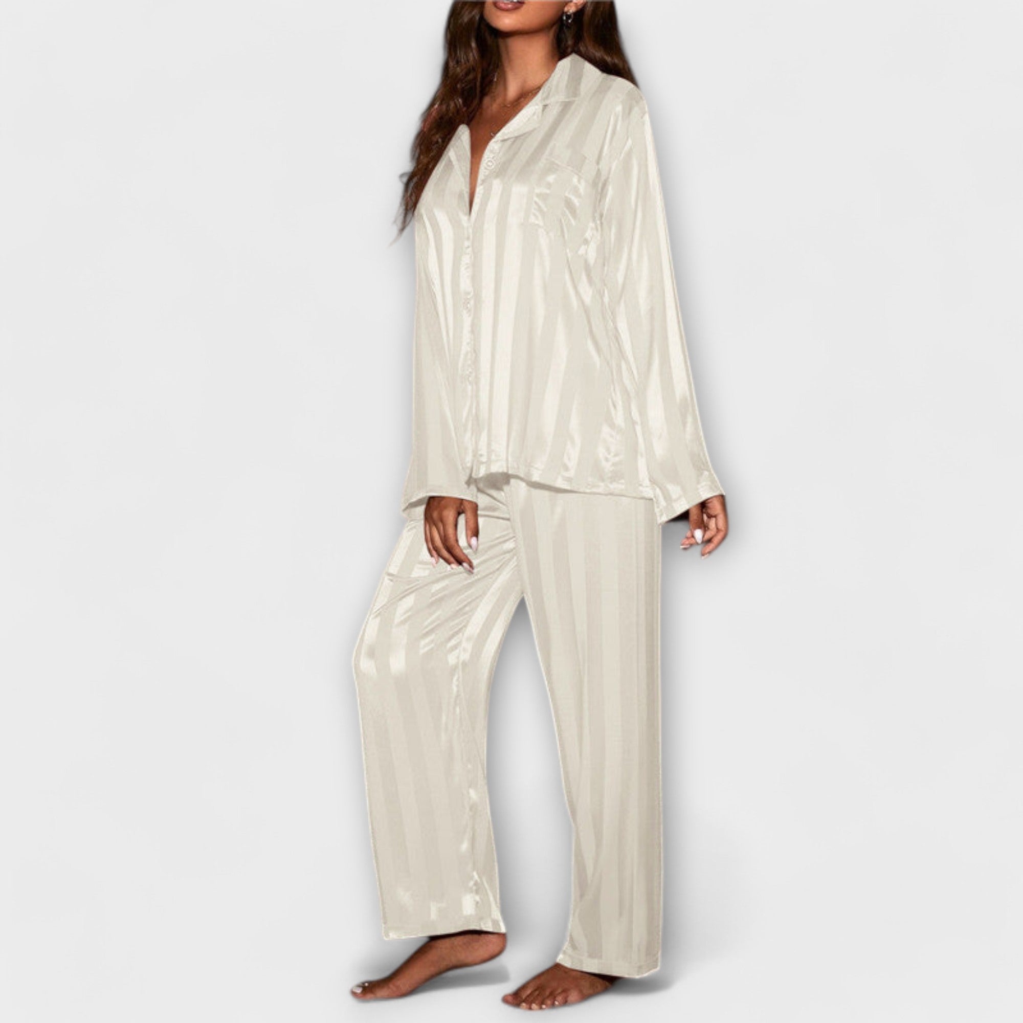 Pyjama Damen Satin Zweiteiler Langarm Beige – Flair