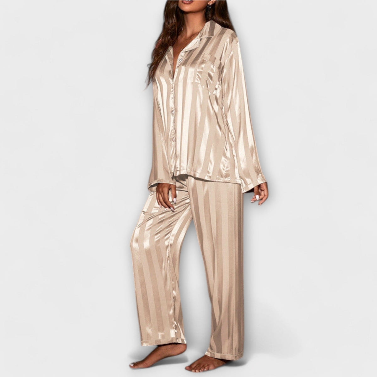 Pyjama Damen Satin Zweiteiler Langarm Beige – Flair