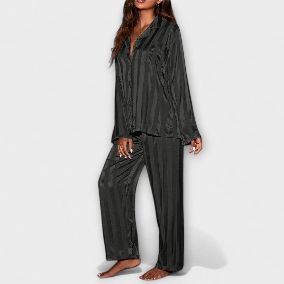 Pyjama Damen Satin Zweiteiler Langarm Beige – Flair