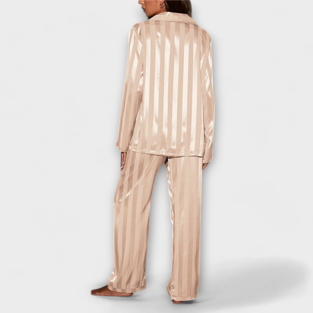 Pyjama Damen Satin Zweiteiler Langarm Beige – Flair