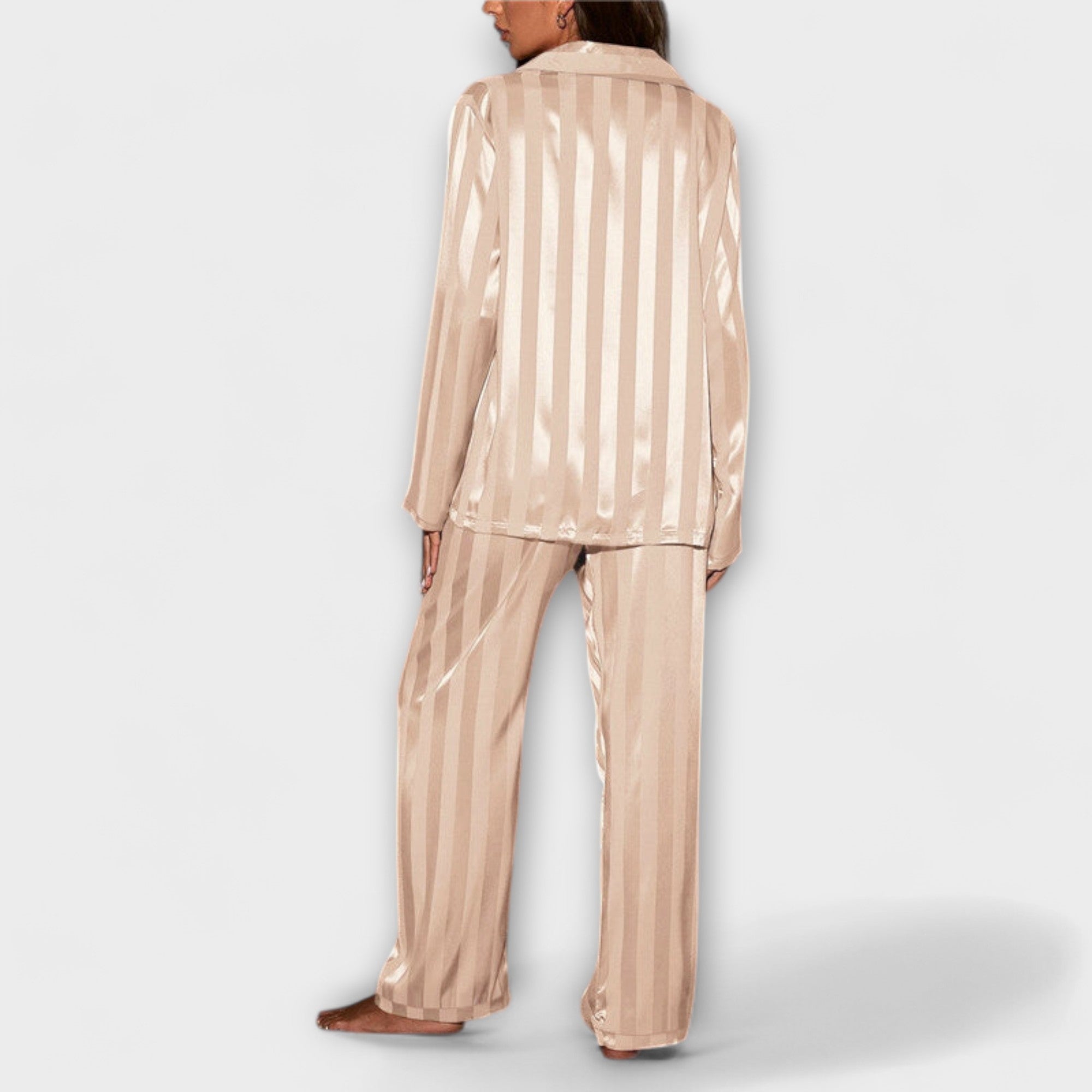 Pyjama Damen Satin Zweiteiler Langarm Beige – Flair