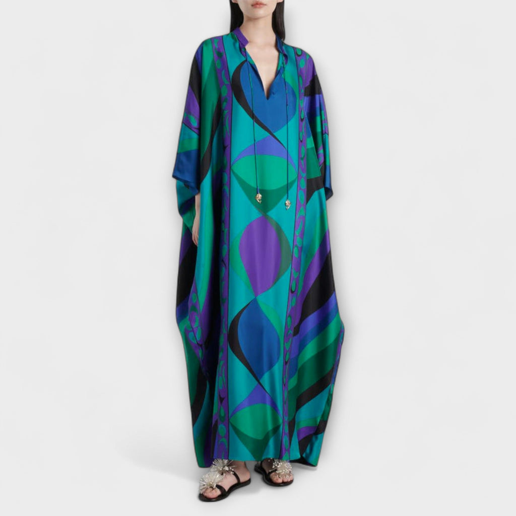 Maxikleid Damen Kaftan Satin Wirbelmuster Fliessende Silhouette – Harper