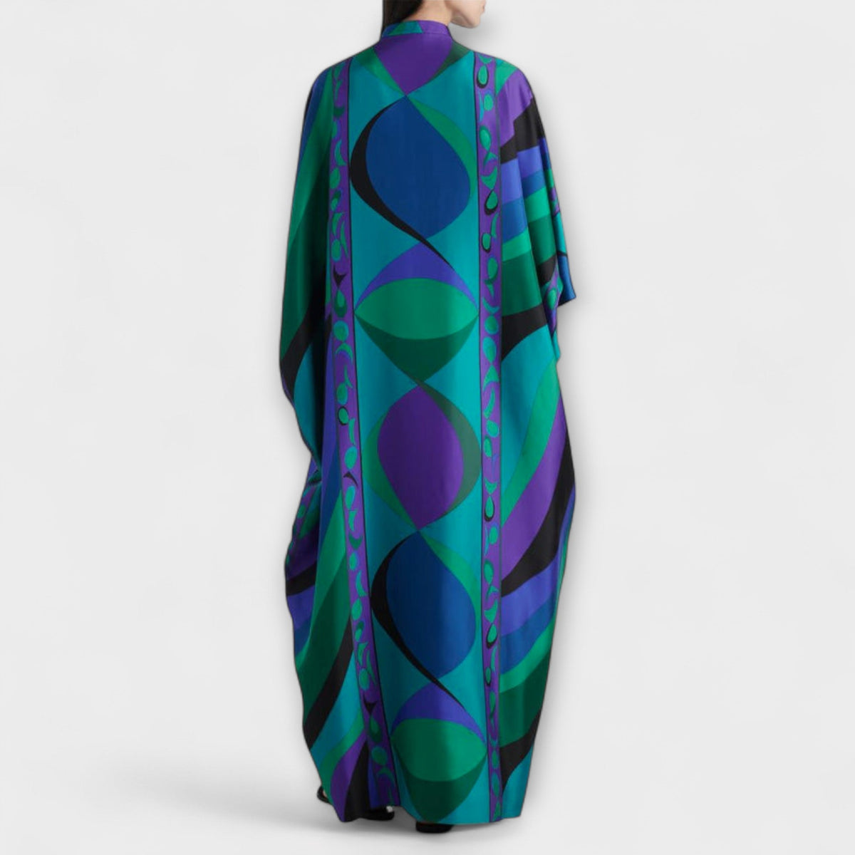 Maxikleid Damen Kaftan Satin Wirbelmuster Fliessende Silhouette – Harper
