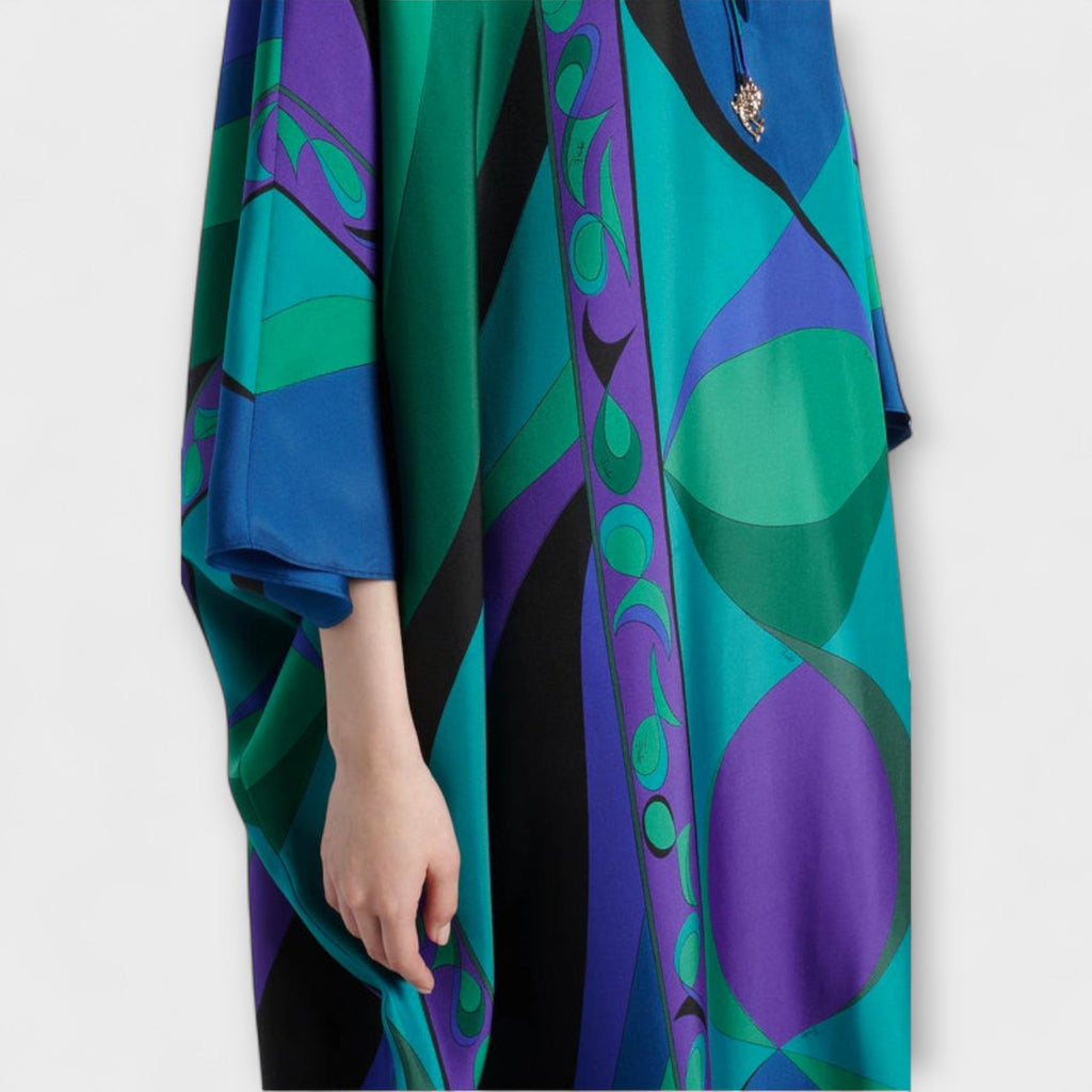 Maxikleid Damen Kaftan Satin Wirbelmuster Fliessende Silhouette – Harper
