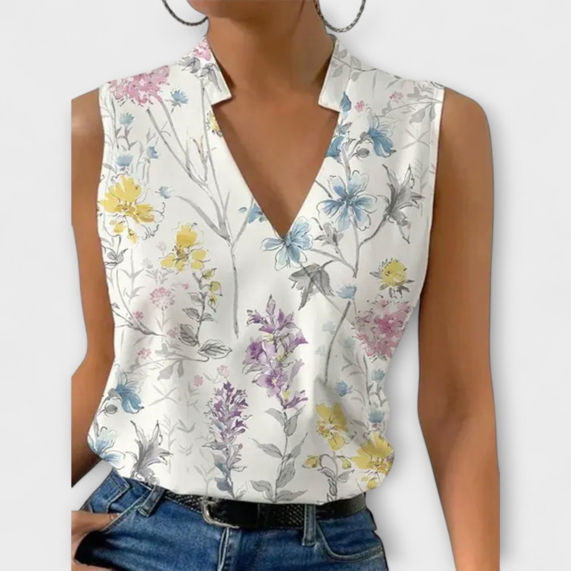 Sommertop Damen V-Ausschnitt Blumenmuster Weiss Blau Schwarz