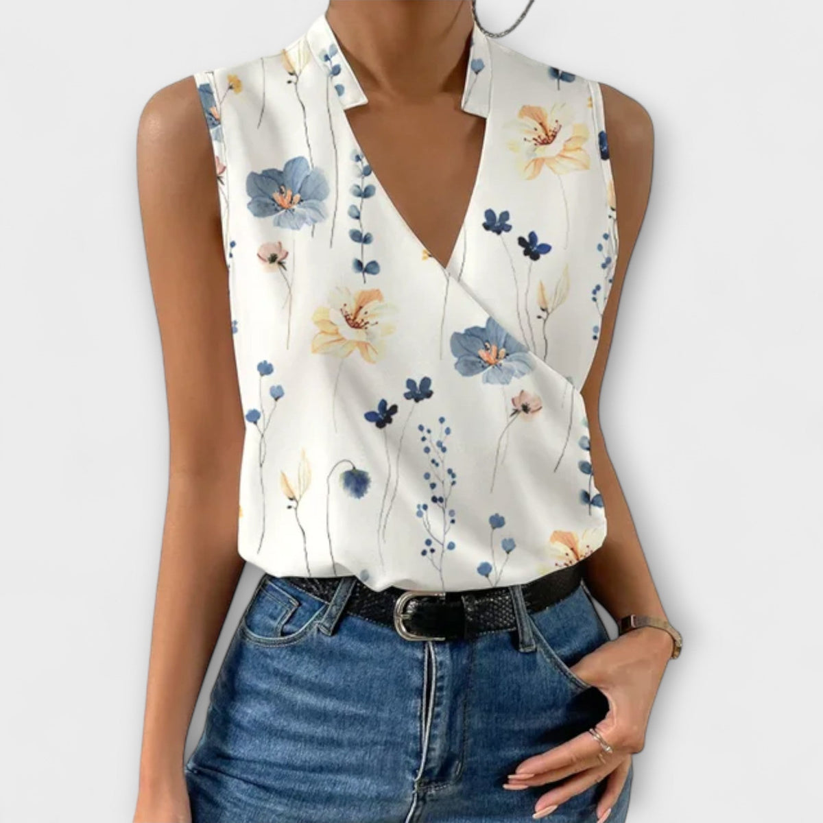 Sommertop Damen V-Ausschnitt Blumenmuster Weiss Blau Schwarz