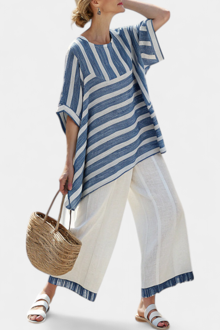 Céline | Blau-weiss gestreiftes Leinen-Set
