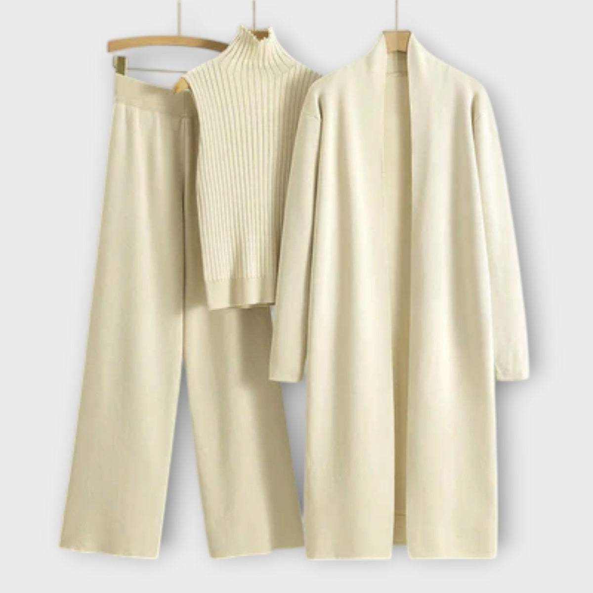 Dreiteiler Damen Strickjacke Oberteil Hose Elegant Beige – Isabella