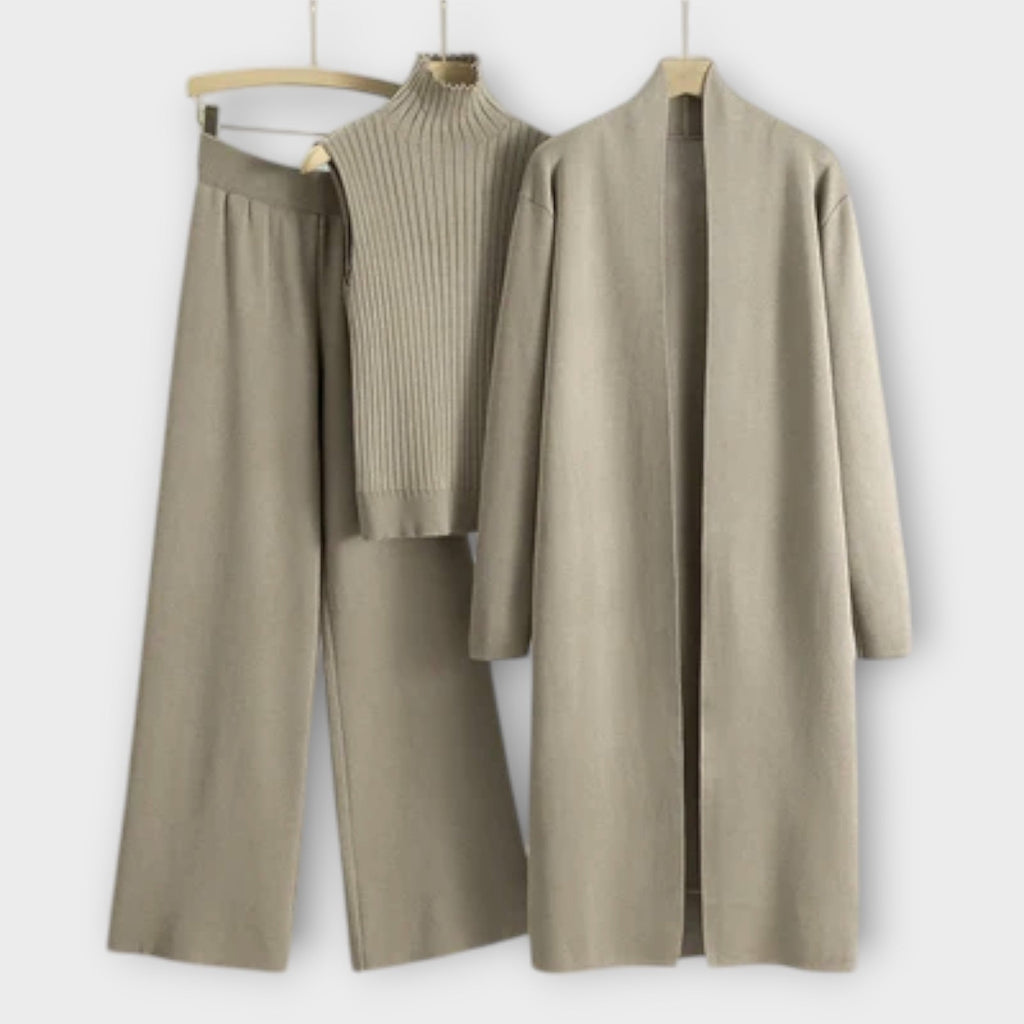 Dreiteiler Damen Strickjacke Oberteil Hose Elegant Beige – Isabella
