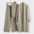 Dreiteiler Damen Strickjacke Oberteil Hose Elegant Beige – Isabella