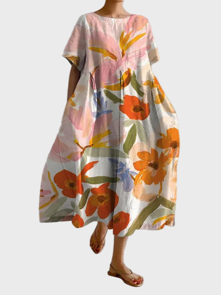 Kleid Damen Blumenmuster Weiter Schnitt Orange Blau Rosa – Tela Florida