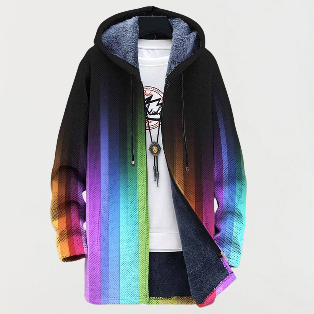 Beate - Kapuzenmantel mit Regenbogen-Längsstreifen