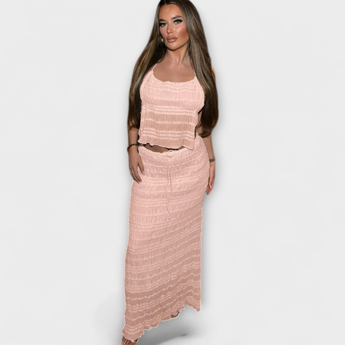 Zweiteiler Damen kurze Bluse und Maxirock Baumwolle in Grün und Rosa – Eulalia
