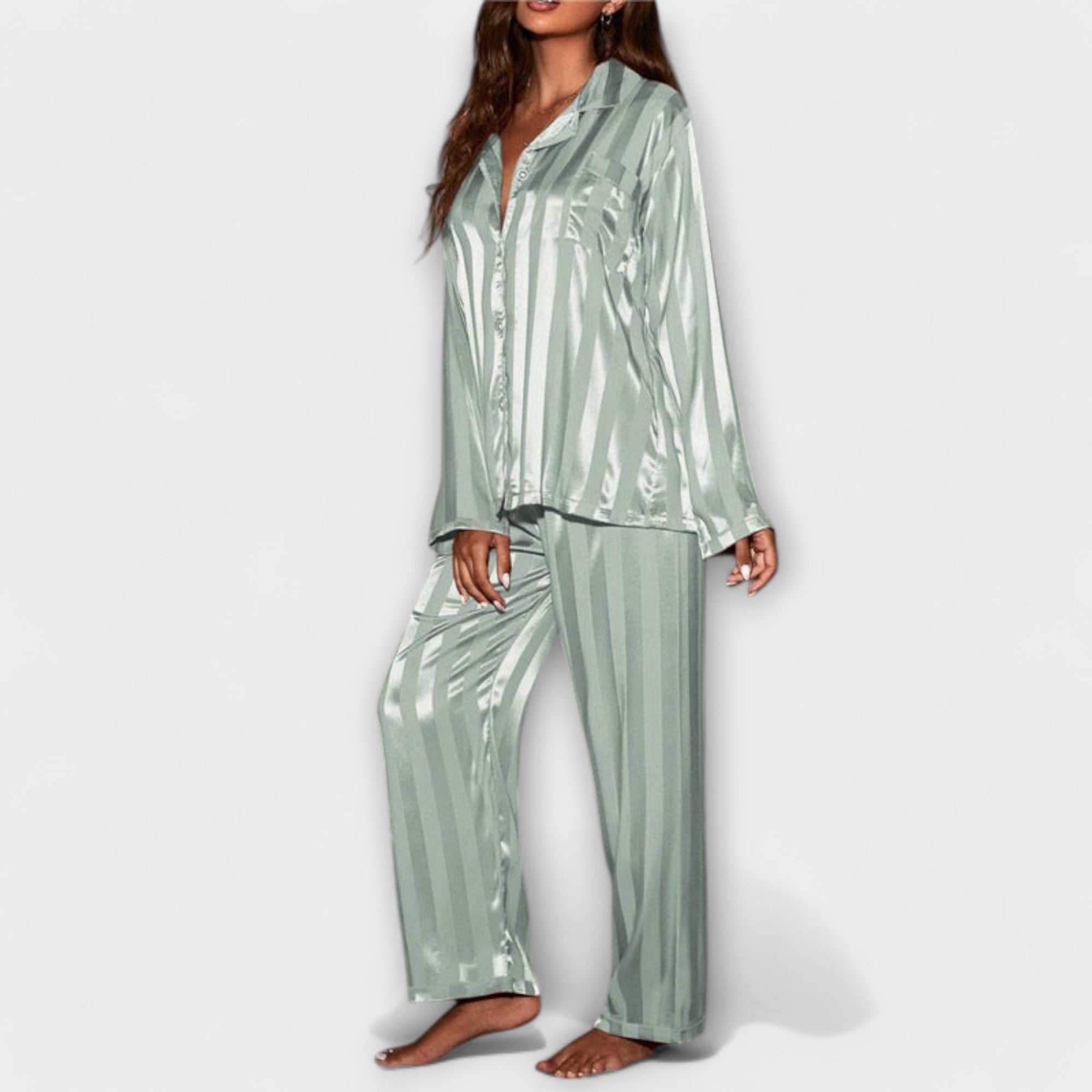 Pyjama Damen Satin Zweiteiler Langarm Beige – Flair