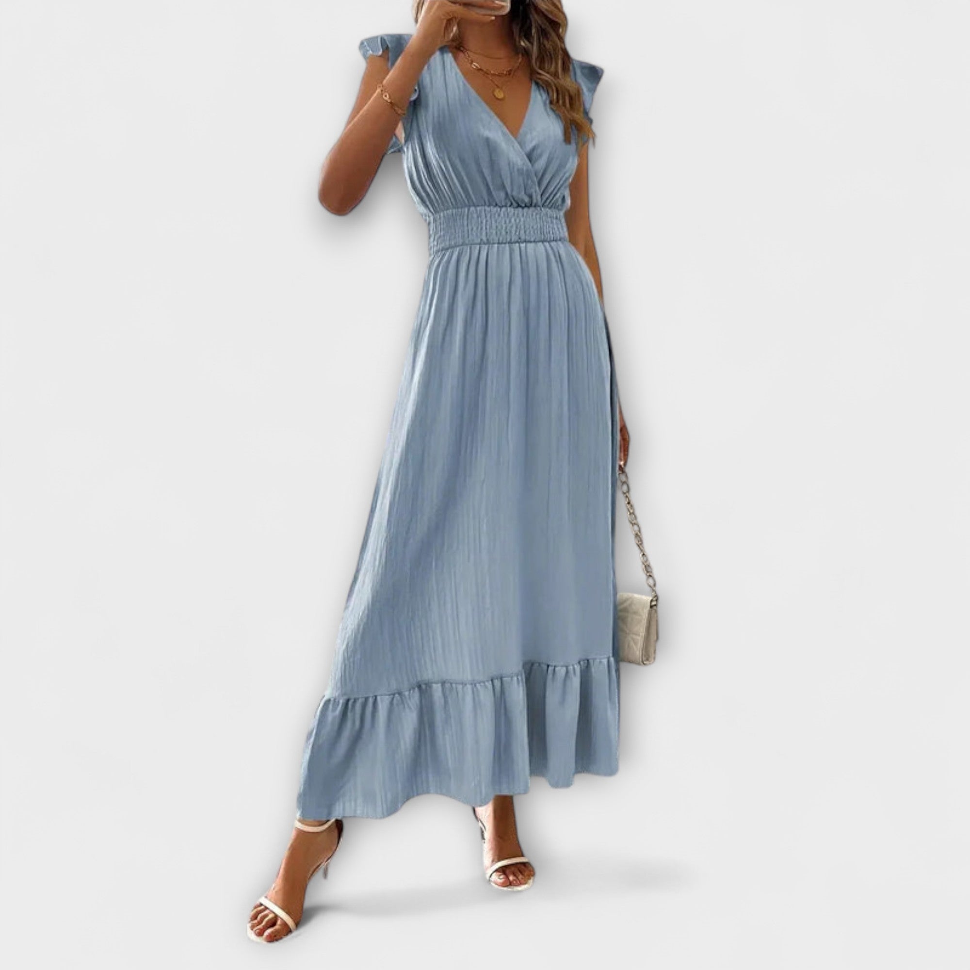 Poet - Maxikleid mit gerüschten Ärmeln und tiefem V-Ausschnitt
