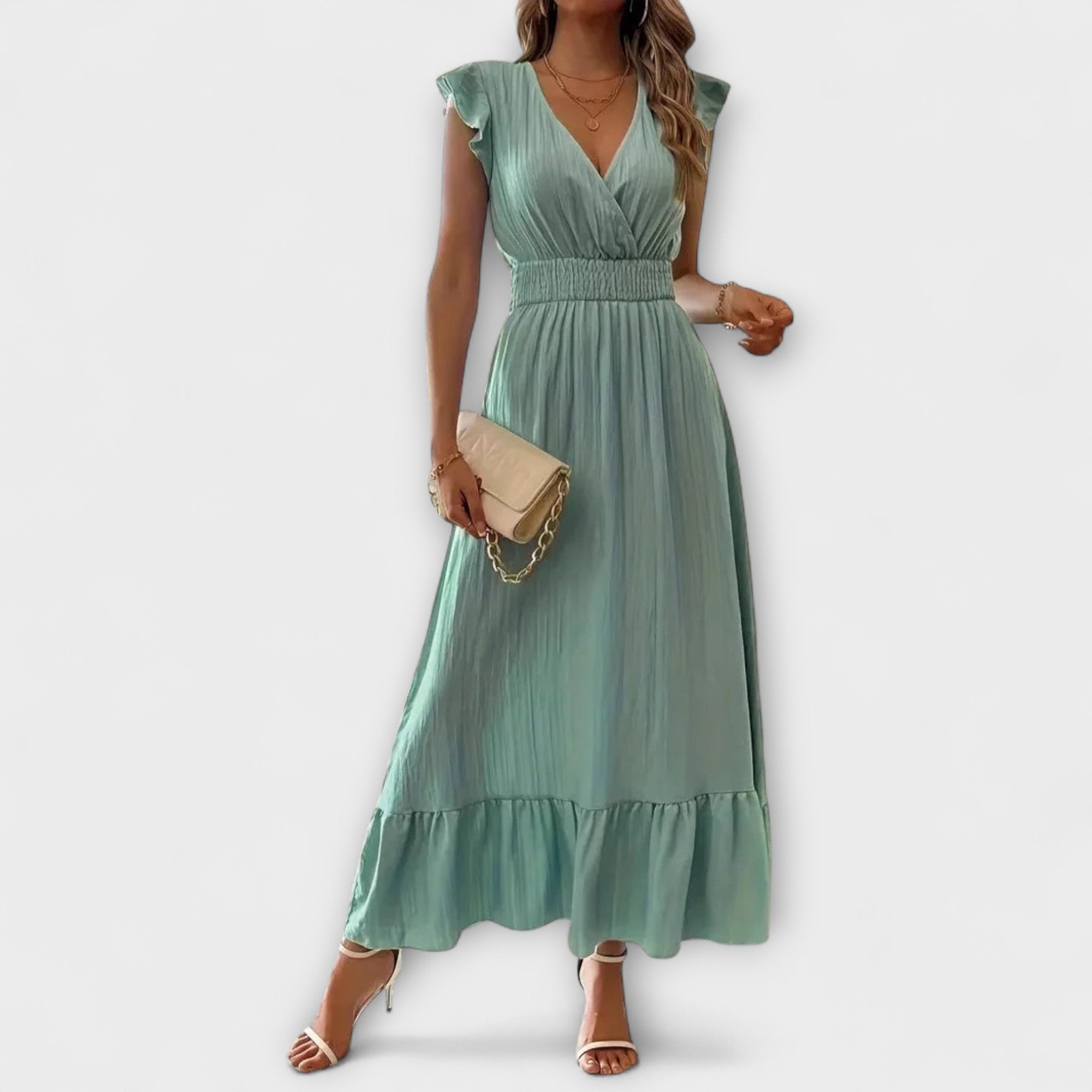 Poet - Maxikleid mit gerüschten Ärmeln und tiefem V-Ausschnitt