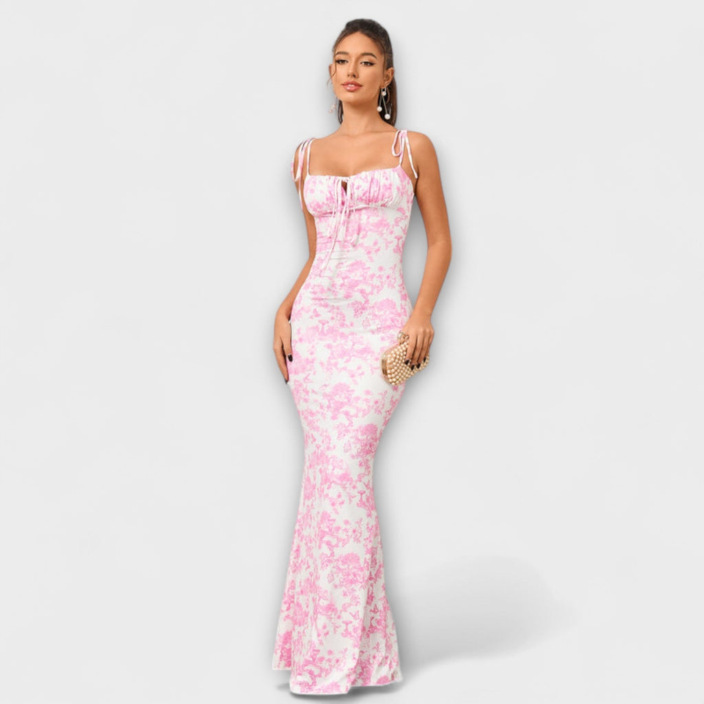 Maxikleid Damen Blumenmuster Bindeträger Fischschwanzsaum Grün Blau Rosa