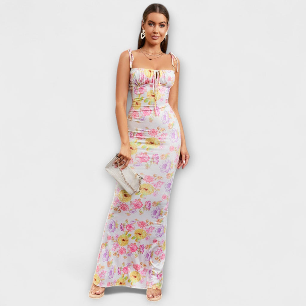 Maxikleid Damen Blumenmuster Bindeträger Fischschwanzsaum Grün Blau Rosa