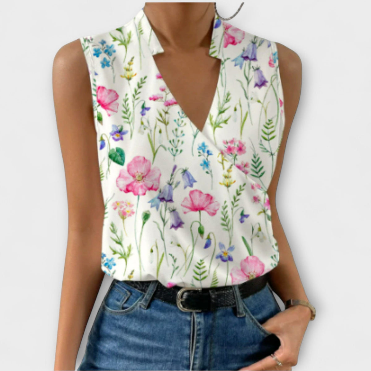Sommertop Damen V-Ausschnitt Blumenmuster Weiss Blau Schwarz