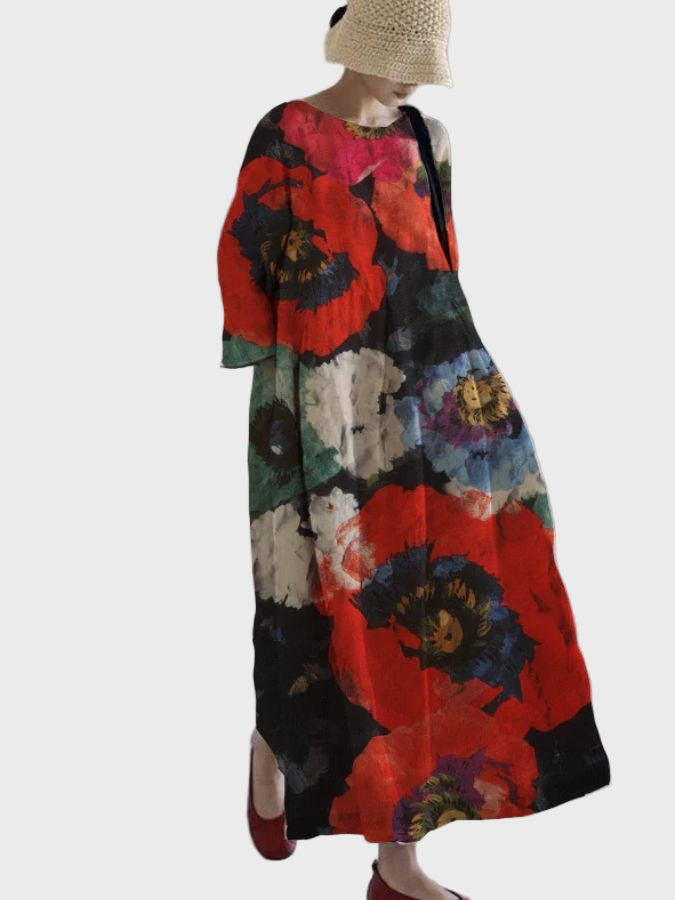 Kleid Damen Mohnblumenmuster Weiter Schnitt Schwarz Rot – Nächte der Mohnblumen