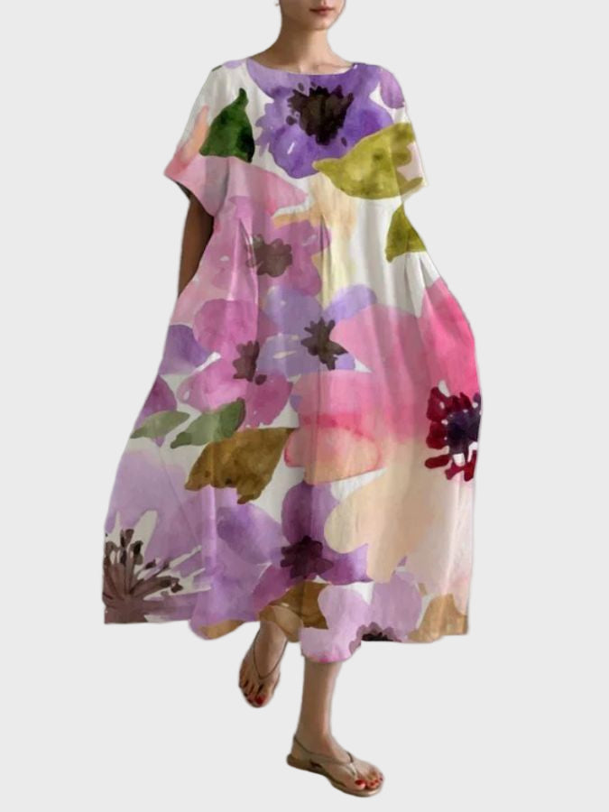 Maxikleid Damen Blumenmuster in Rosa, Lila und Grün weiter Schnitt